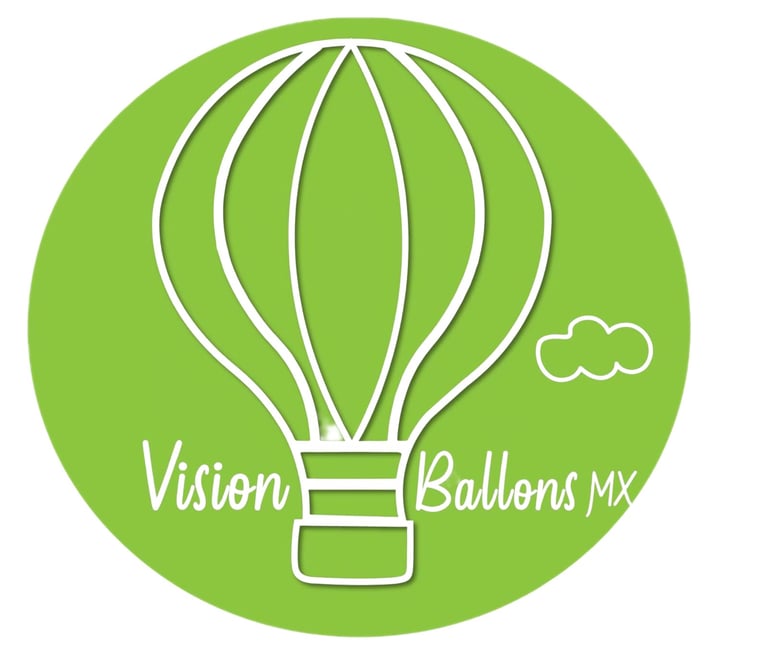 Vision Ballons MX logo featuring a white hot air balloon outline with clouds on a bright green circular background